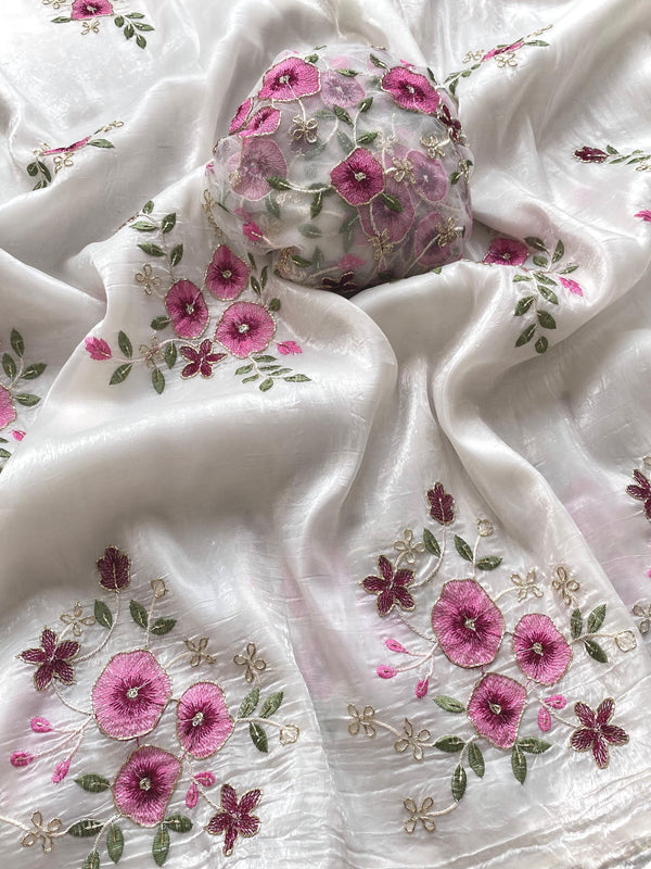 Classy Pink floral embroidery work saree on off white crush silk