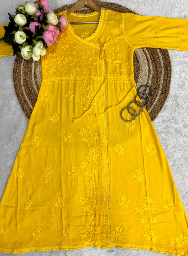 Pure Ghaspatti Chikankari Angarkha A line Kurti Top/Tunics
