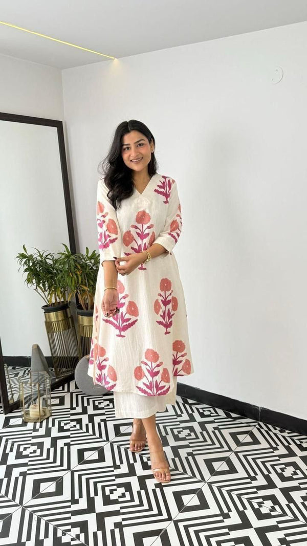 Jaipuri Mal Cotton Kalamkari Printed Kurti Pallazo Set