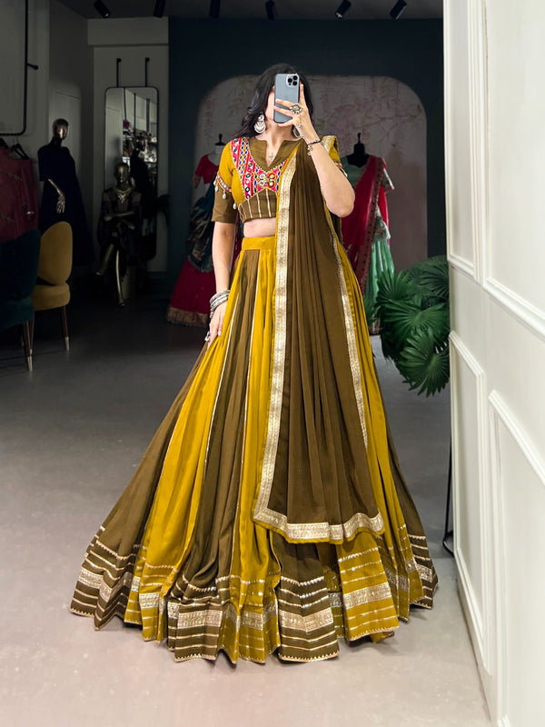 Kalidar Musturd yellow and Henna green Chaniya choli set