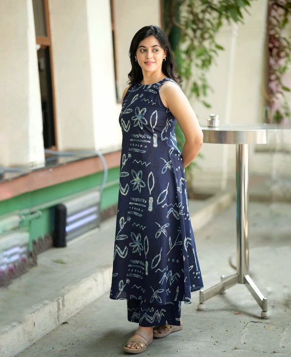 Jaipuri Blue Cotton Kalamkari Printed Kurti Pallazo Salwar Suit Set