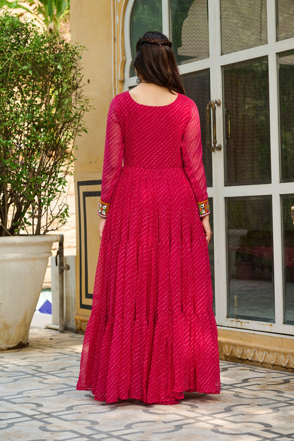 Hot Pink Rani Gamthi work Long Sleeve Fliary Ethnic Gown dress