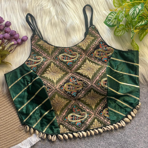 Green Designer Strap Pure Silk Blouse with Real Kodi Border